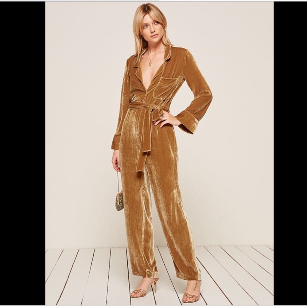 Reformation Gold Velvet Wrap Jumpsuit